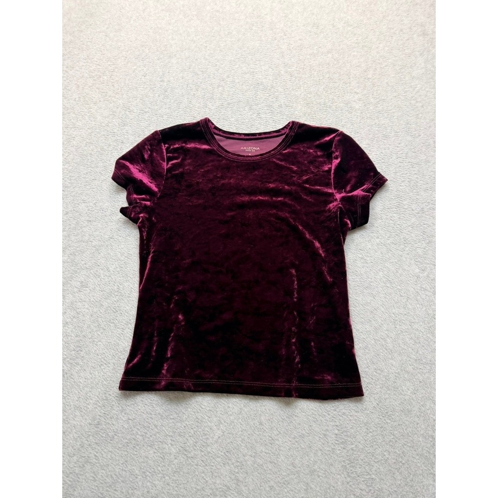 Arizona Jean Co Women Burgundy Crushed Velvet Short Sleeve Crew Neck Top Size S